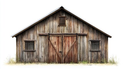 Obraz premium A rustic farmhouse clipart featuring wooden siding, a tin roof, and a barn-style door, perfect for country-inspired real estate designs. 
