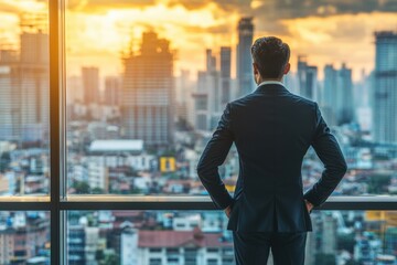 Fototapeta premium A focused businessman surveys the cityscape at sunset from his office window, contemplating his company's expansion strategy and future opportunities for growth.