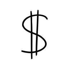 Slim dollar sign symbol in outline hand drawn style. Vector illustration isolated on white background. For typography, font, shop, logo, alphabet, sales, signboard, education, branding, presentation.