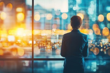 A thoughtful entrepreneur stands by a window, gazing at the sparkling cityscape, visualizing a bright future for business growth and innovative strategies.