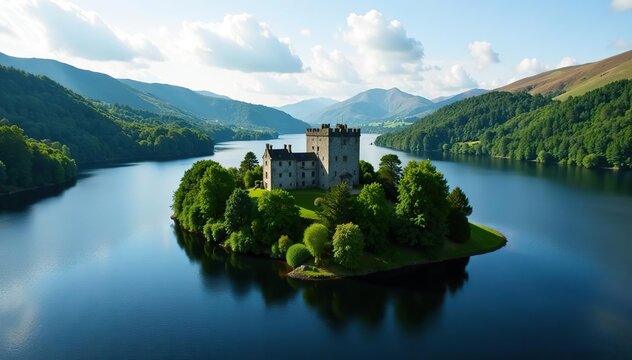 Aerial panoramic view of Castlewellan Lake area in Northern Ireland showcasing lush greenery, tranquil waters, and majestic castle,  scenic,  castle