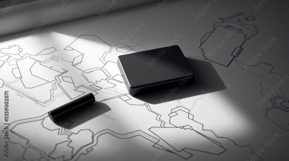 Poster black geometric objects sit on a drawing with light and shadows