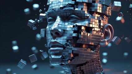 Digital Face with Cubes, Abstract Technology Art