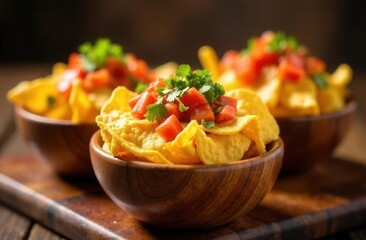 Potato chips in wooden bowl. Crisp with greens on setting table, close up	