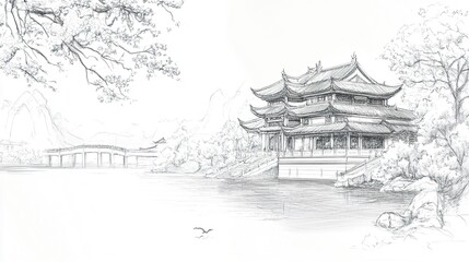 A scenic draft of a Chinese temple near a riverbank, detailed with dragon motifs and cherry blossoms cascading, soft mist rising, on a clean white backdrop.  