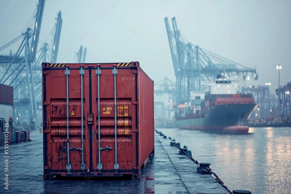 Poster a weathered red shipping container sits dockside against backdrop of cranes and ship. scene of inter