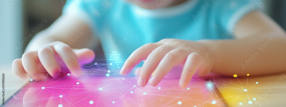 Poster child engaged with interactive tablet displaying colorful graphics