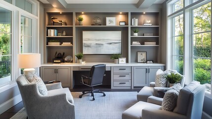 A Modern Home Office with Sleek Storage and Functional Design

