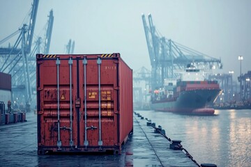 Naklejka premium A weathered red shipping container sits dockside against backdrop of cranes and ship. Scene of international trade, port, industry and global transportation.