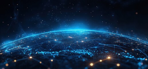 A blue planet with a network of lights surrounding it