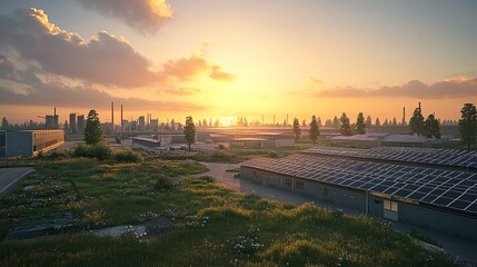 A serene view of a warehouse complex in an industrial zone, featuring solar panel arrays on the roofs and grassy areas dotted with trees, illuminated by a vibrant sunset 