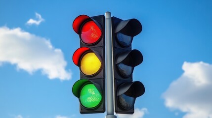 Bright Traffic Light Against Clear Blue Sky with Clouds Above
