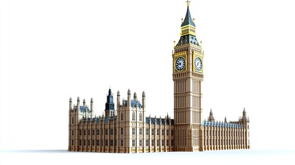 A sharp and realistic 3D clipart of Big Ben, with highlighted golden accents on the spire and accurate proportions, isolated on a white background. 