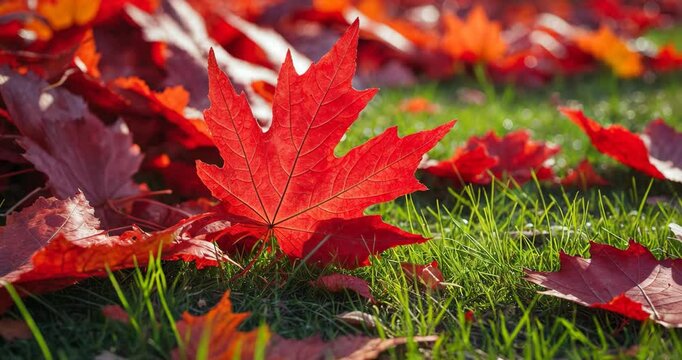 Vibrant red maple leaves on the ground. Crimson foliage. Stacked. Grass. Earth. Close-up. Detail. Texture. Hue. Sunny day. Seasonal. Life cycle. Aesthetic. Nature.
