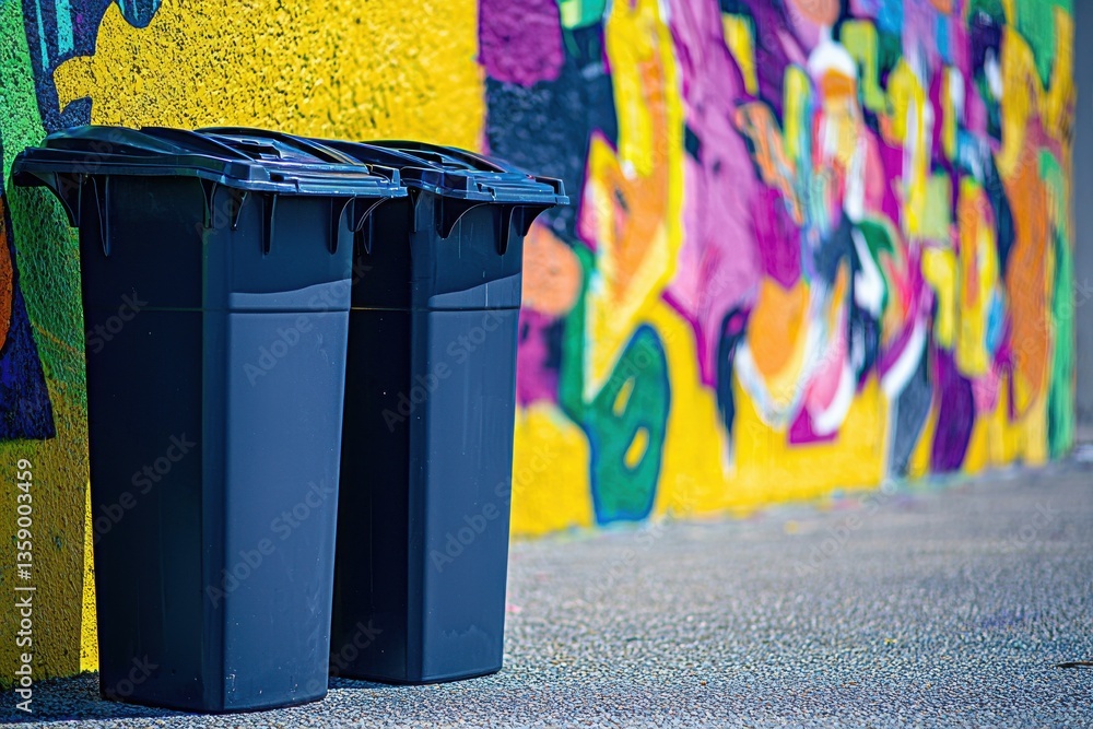 Poster two dark blue garbage bins stand out against a backdrop of vibrant graffiti art, creating a stark co