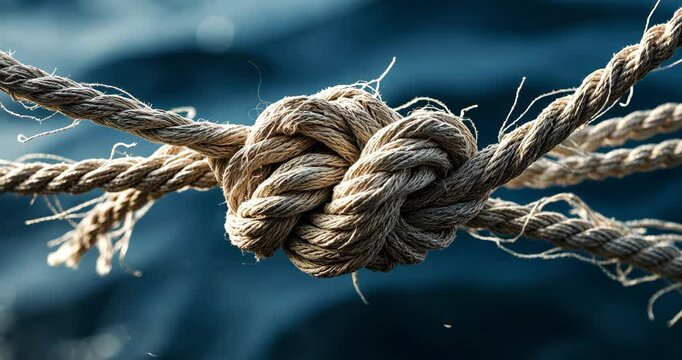 Close-up view of a portion of frayed rope. The fibers of the rope are clearly separated and untwisted, displaying the individual strands. The backdrop implies a water setting.