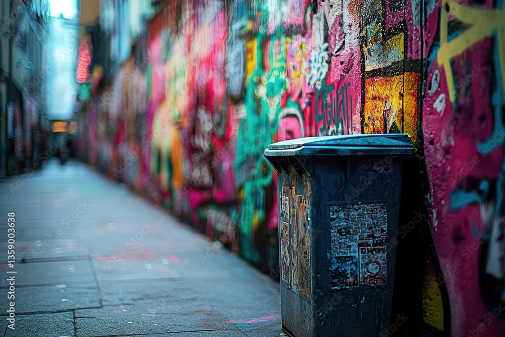 Poster a vibrant alleyway with colorful graffiti art and a weathered trash can adding character and depth t