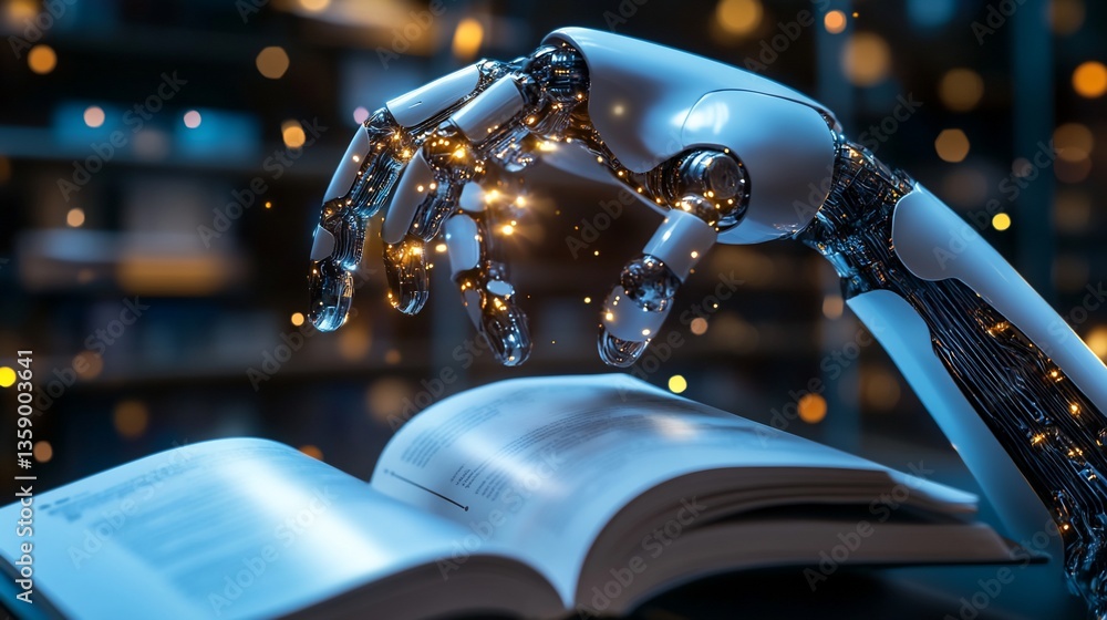 Poster artificial intelligence reading a book with advanced mechanical hand in a futuristic scene