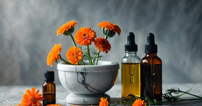 Calendula blooms in a mortar and glass dropper bottles containing essential oil. Marigold therapeutic plant, herbal remedy, naturopathy, and phytotherapy.