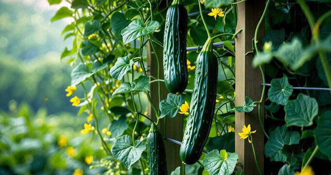Cucumber plants on a trellis