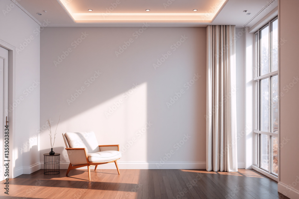 Poster bright room with natural light streaming through a large window onto a wooden floor. a simple chair 