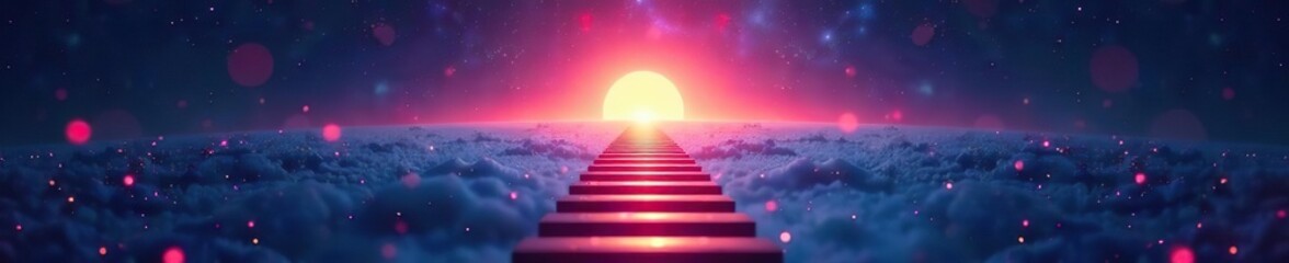 A futuristic digital background with a sleek ladder reaching towards a glowing abstract horizon, representing advancement, aspiration, and innovation,  ladder,  abstract