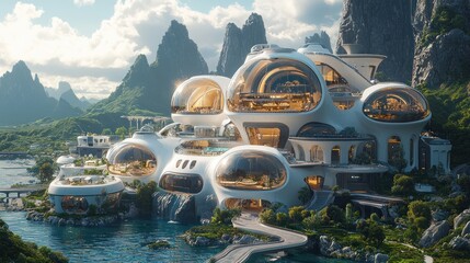Futuristic coastal mansion with dome architecture nestled in a mountainous landscape.