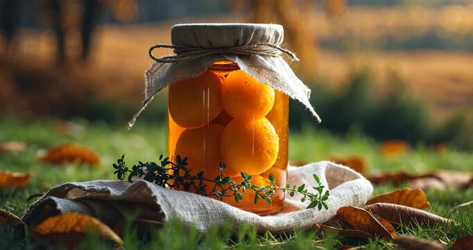 A jar containing linden honey and thyme sprigs, wrapped in linen cloth, set against an autumn landscape backdrop.