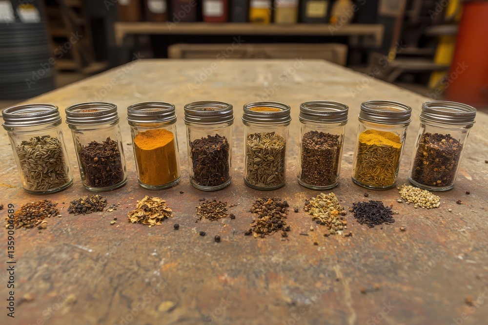 Poster an artistic display of various spices in glass jars, arranged linearly on a rustic wooden table, wit