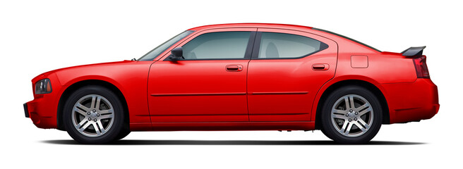 Side view of a powerful red American sedan, in PNG format on a clear background.