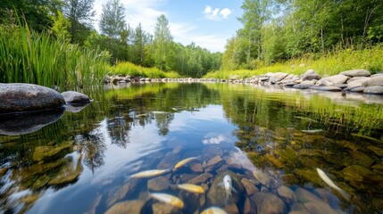 Tranquil River Scene with Reflections and Colorful Fish Swimming