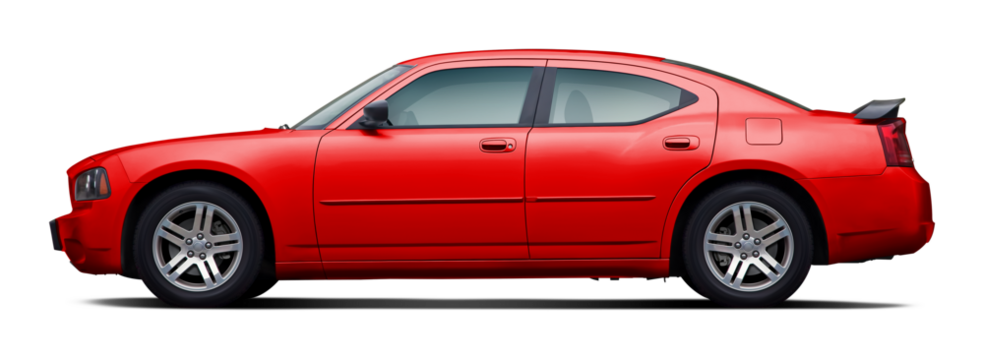 Side view of a powerful red American sedan, in PNG format on a clear background.