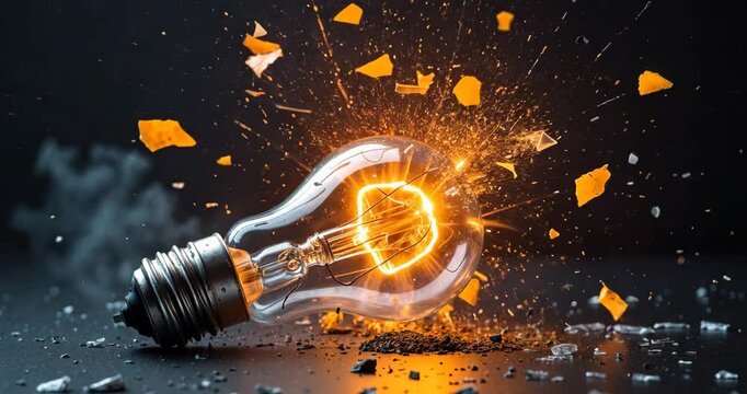 Creative light bulb bursts into flames with pieces and smoke against a dark backdrop, concept. Think differently idea concept. Dry paint splatter. Brainstorm and think.