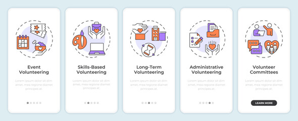 Types of volunteering onboarding mobile app screen. Walkthrough 5 steps editable graphic instructions with linear concepts. UI, UX, GUI template. Montserrat SemiBold, Regular fonts used