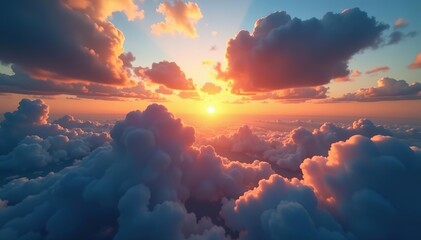 A mesmerizing aerial view of the sun setting behind thick clouds, casting a warm glow over the sky and illuminating the fluffy clouds below,  horizon,  illuminated