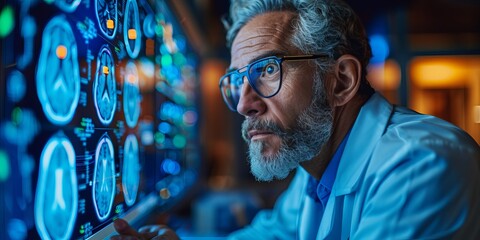Doctor analyzing brain scans on digital screen in high-tech medical environment with focused expression