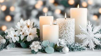 Serene Winter Solstice: White Candles and Poinsettia Arrangement