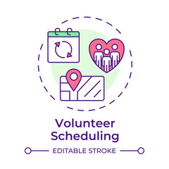 Volunteer scheduling multi color concept icon. Nonprofit organization work planning. Contribution management. Round shape line illustration. Abstract idea. Graphic design. Easy to use in brochure