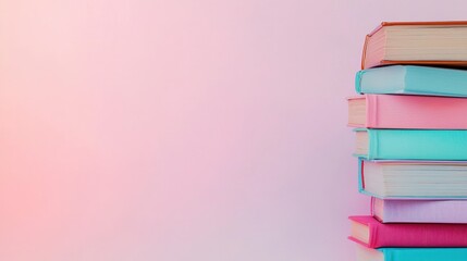 isticMinimal composition of vibrantly colored books piled high against a soothing pink  pastel background.