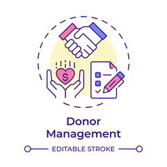 Donor management multi color concept icon. Organization relationship improvement. Volunteer activity tracking. Round shape line illustration. Abstract idea. Graphic design. Easy to use in brochure