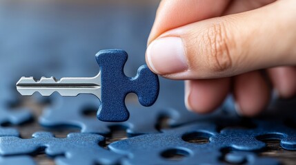 Hand Holding Unique Puzzle Piece Shaped Key Among Puzzle Pieces