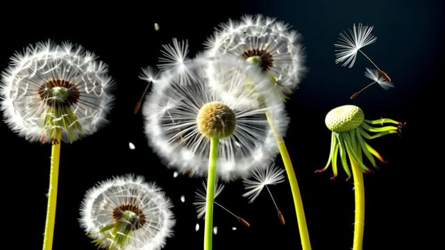 Whispers of Wishes: A cluster of fluffy dandelions stands against a deep dark background, some dispersing their seeds as delicate white spores float gently in the air.