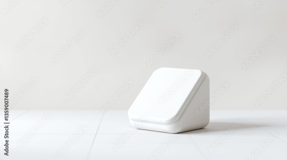 Poster an angular white box sits on a white tiled surface