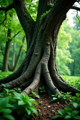 Fototapeta premium Ancient tree with gnarled bark surrounded by lush green forest vegetation, foliage, greenery