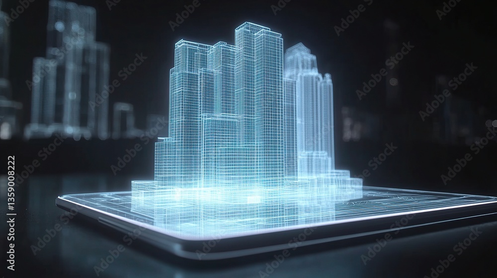 Poster digital tablet projecting hologram of building in futuristic design
