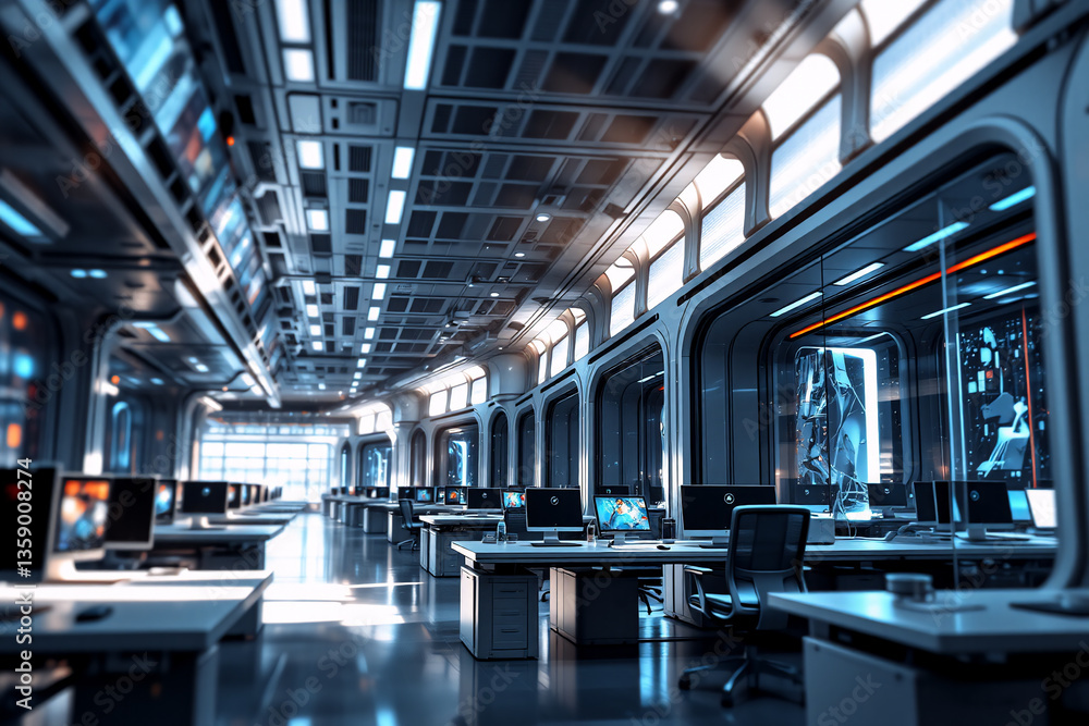 Poster futuristic office space with sleek desks and advanced computers. large windows illuminate the modern