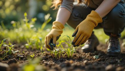 Gardener nurturing young plants in rich soil during a sunny day in the garden
