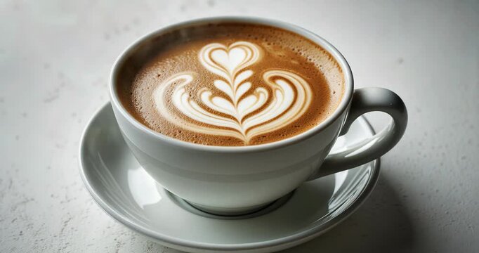 Close-up image of hot latte coffee featuring latte art in a ceramic cup and saucer, with a background that includes clipping path.