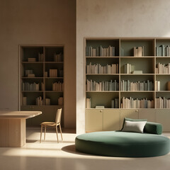 minimalist living room interior with bookshelves and round green sofa