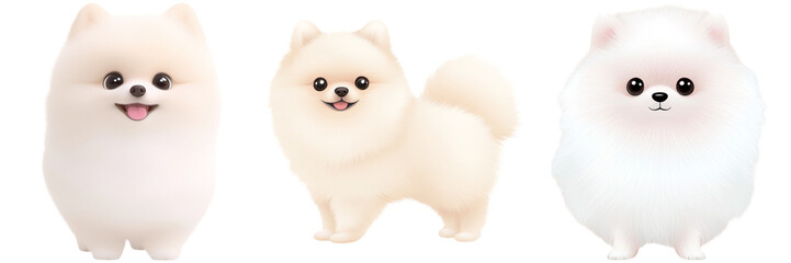 Obraz premium Cute cartoon animals and dog pastel, Three cute, fluffy Pomeranian dogs with cheerful expressions, showcasing their playful and friendly nature.